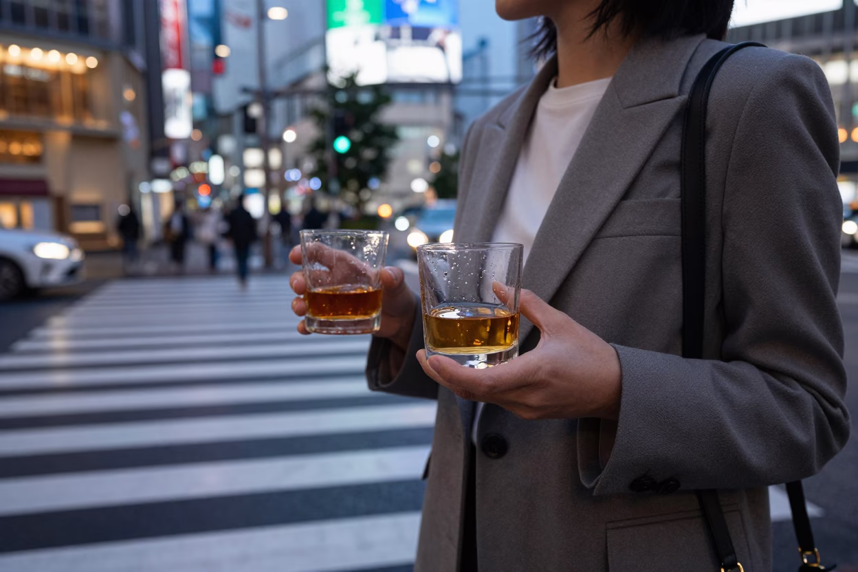 Twilight street scene in Tokyo Japan with glass tumblers and urban life in in Tokyo, Japan