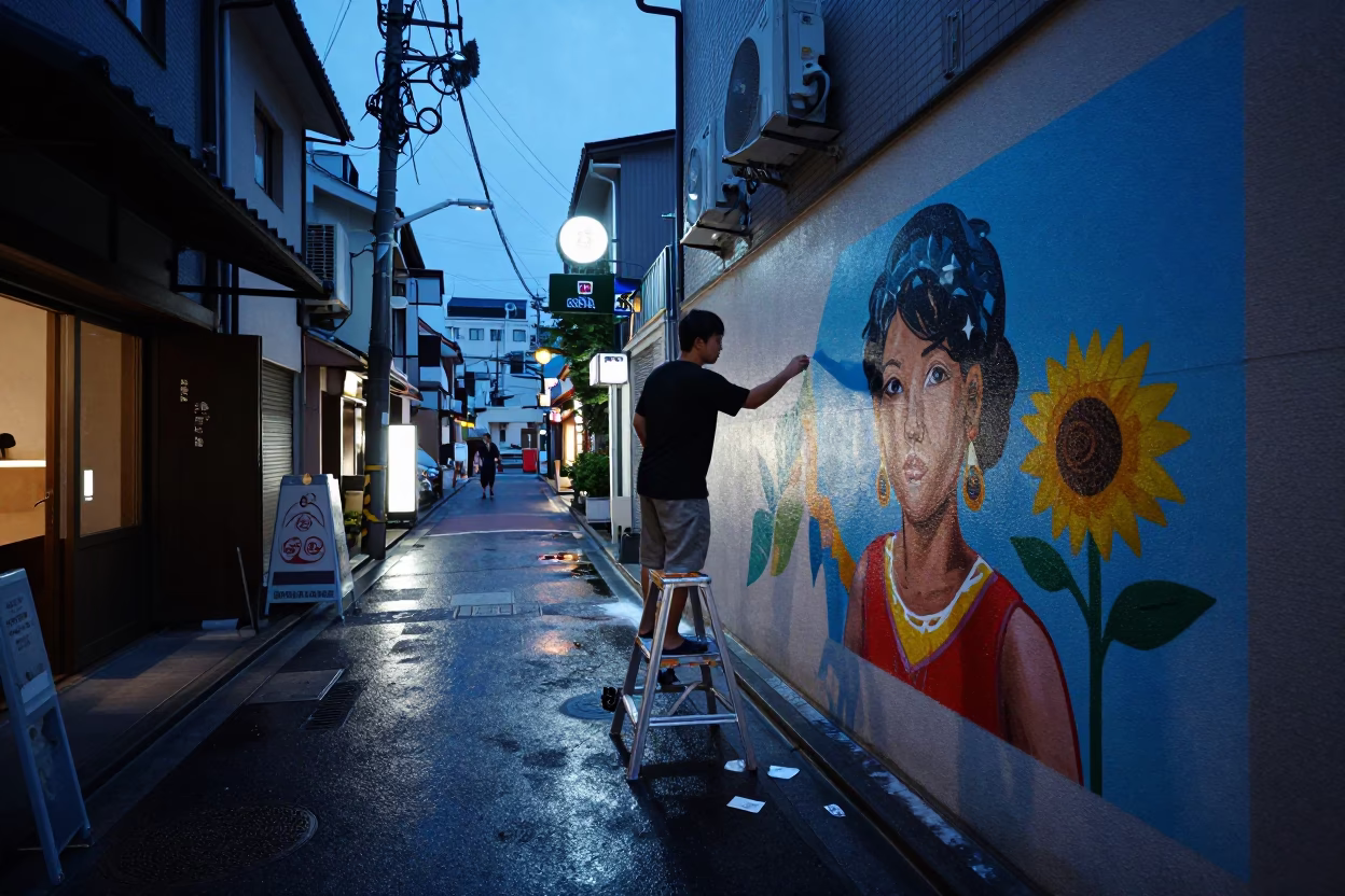 Twilight Street Scene in Tokyo Japan with Painter and Vintage Details in in Tokyo, Japan