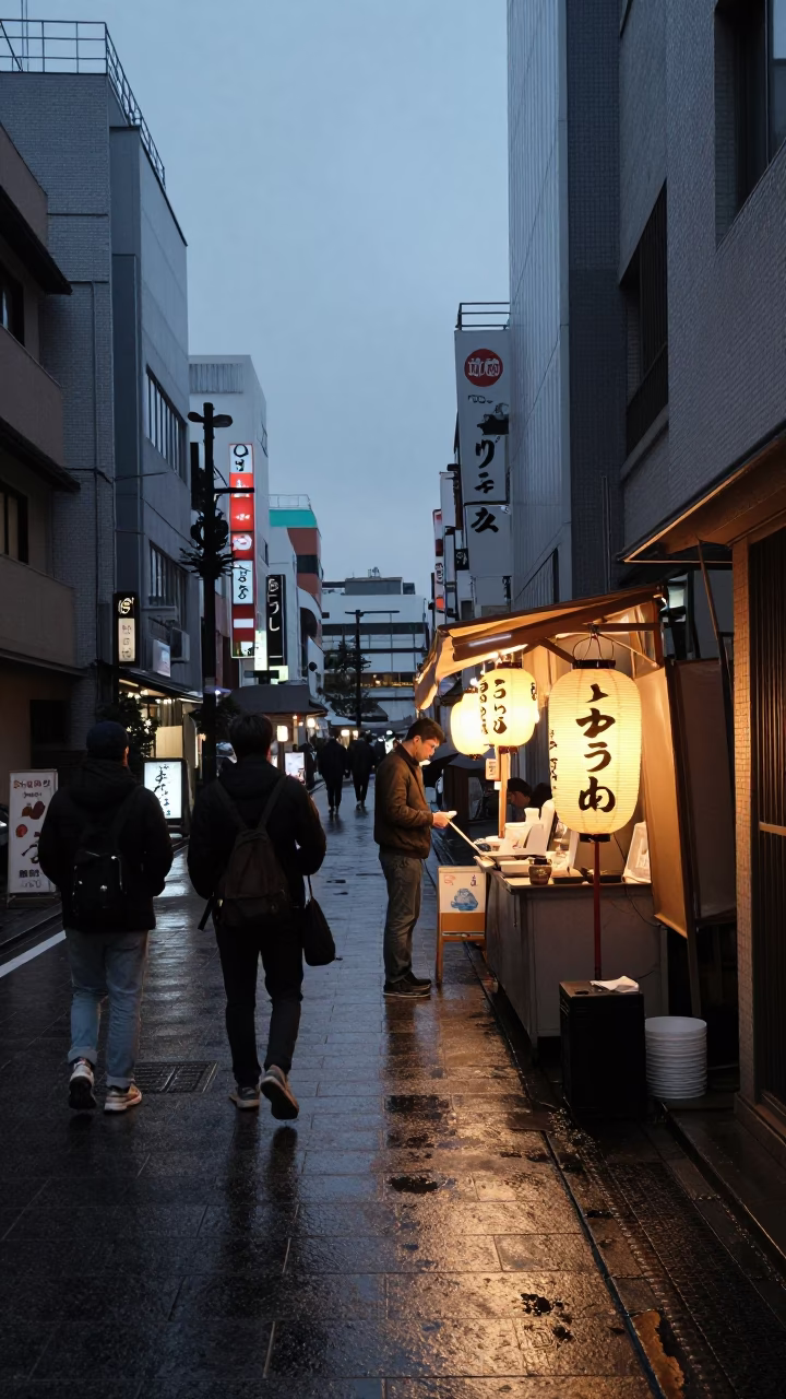 Twilight Street Scene in Tokyo Japan with Paper Lantern and Tea Tray in in Tokyo, Japan