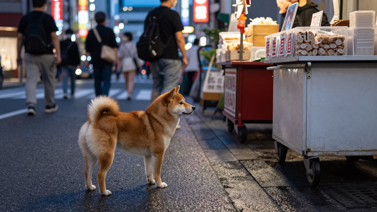 Twilight Street Scene in Tokyo Japan with Shiba Inu and Urban Infrastructure in in Tokyo, Japan