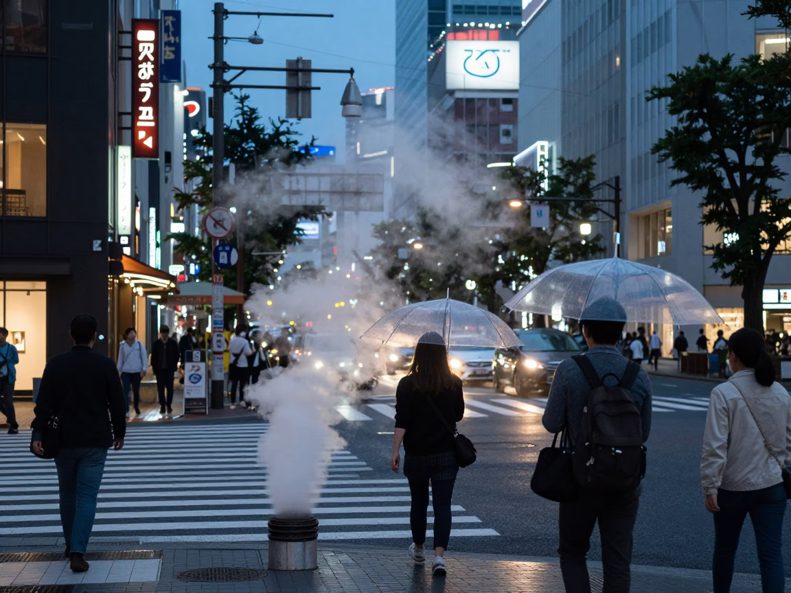 Twilight Street Scene in Tokyo Japan with Steam Haze and Urban Details in in Tokyo, Japan