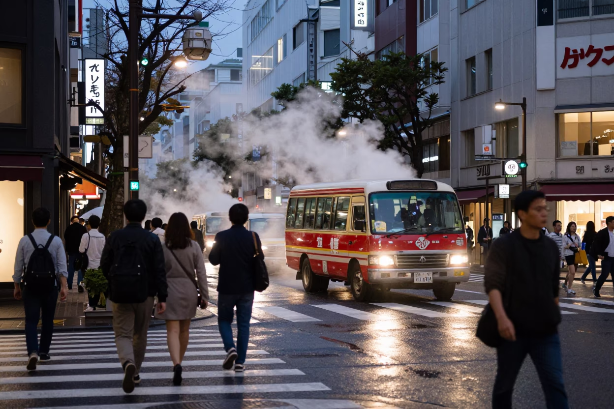 Twilight Street Scene in Tokyo Japan with Steam Haze and Vintage Details in in Tokyo, Japan