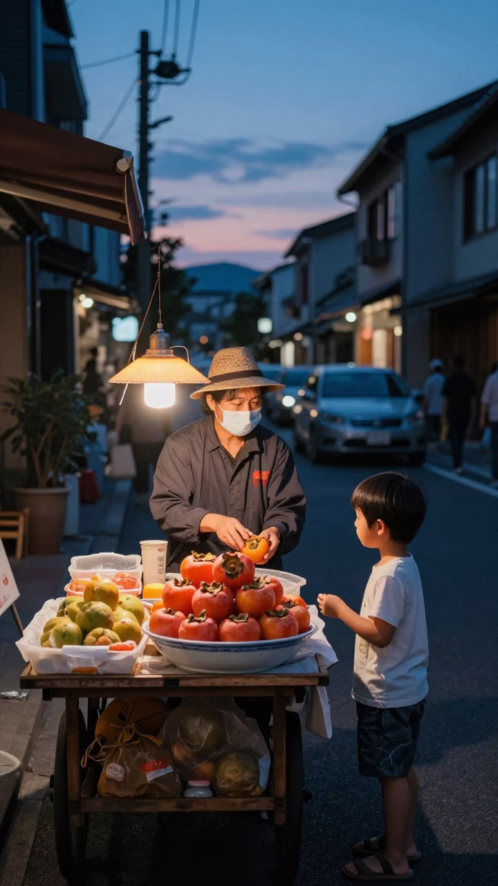 Twilight Street Scene in Tokyo Japan with Vendor and Child in in Tokyo, Japan