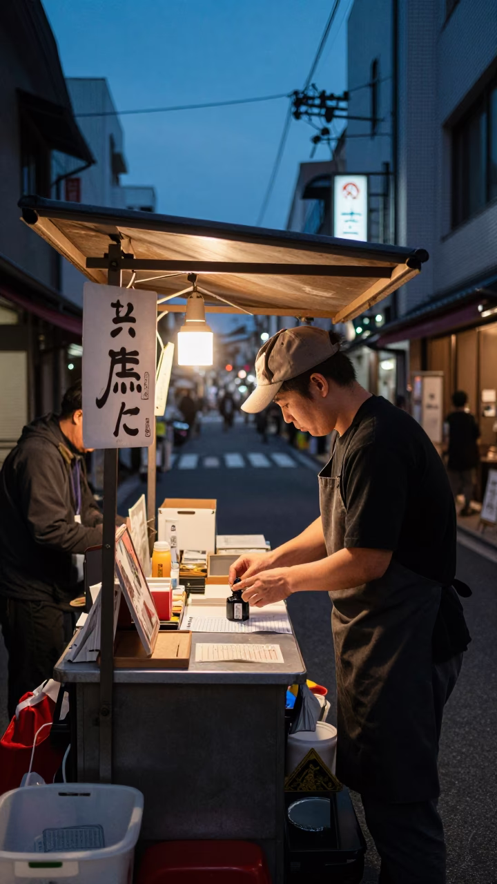Twilight Street Scene in Tokyo Japan with Vendor and Traditional Elements in in Tokyo, Japan