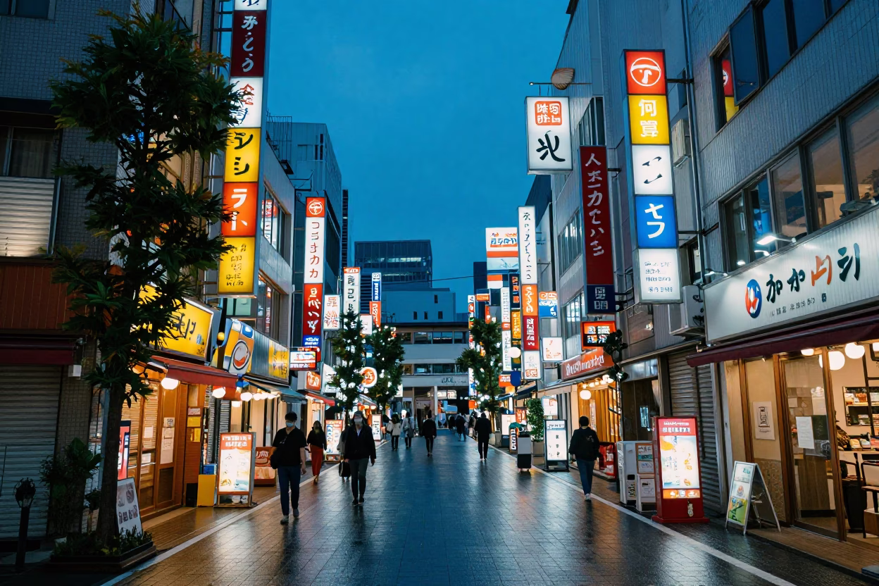 Twilight Street Scene in Tokyo Japan with Vibrant Neon Signs and Urban Life in in Tokyo, Japan