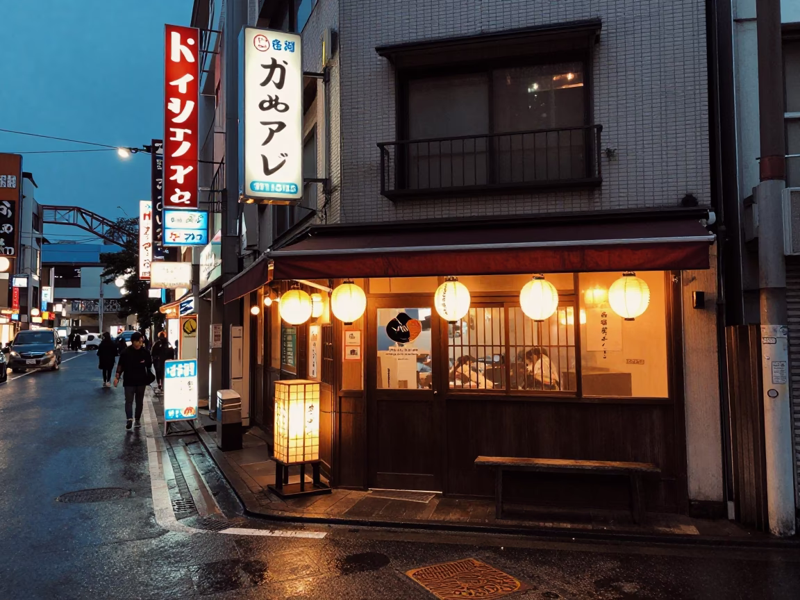 Twilight Street Scene in Tokyo Japan with Vintage Neon and Urban Details in in Tokyo, Japan