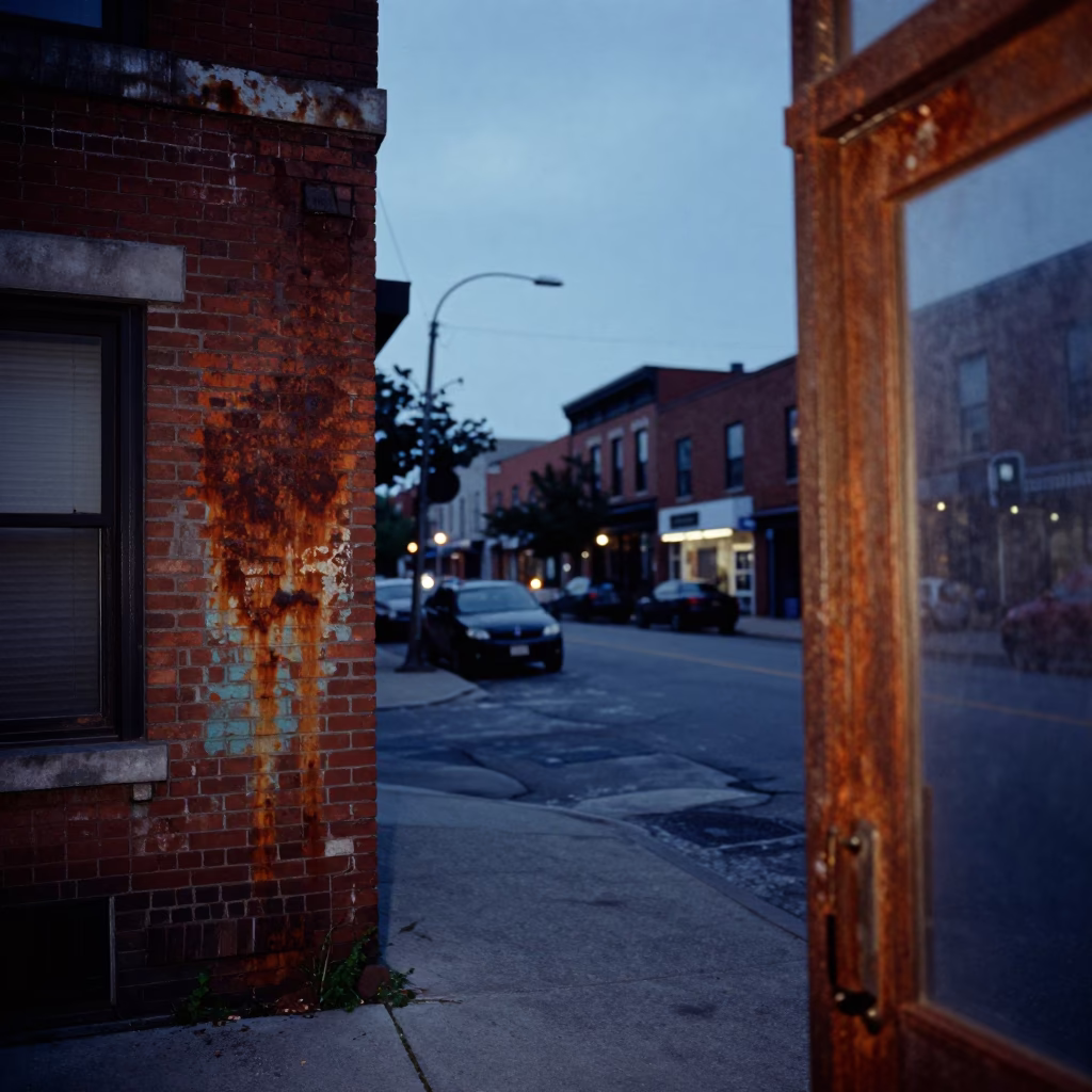 Twilight Street Scene in Toronto Ontario Featuring Rusty Doorframe and Urban Detail in in Toronto, Ontario, Canada