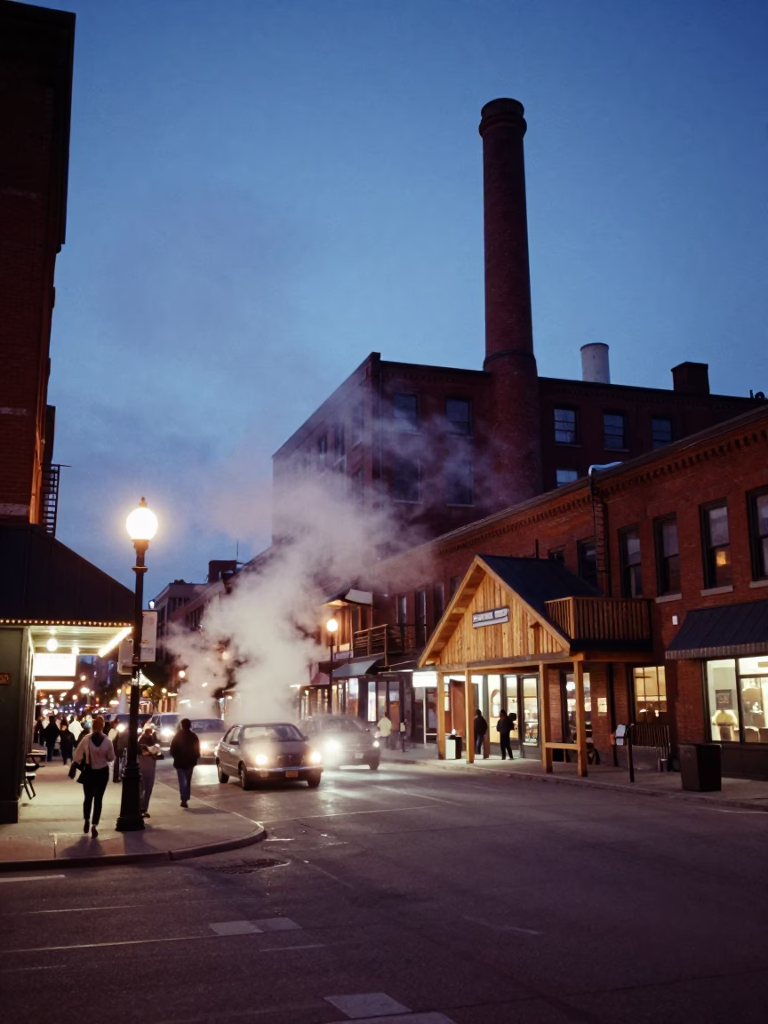 Twilight Street Scene in Toronto Ontario Featuring Steam Haze and Wooden Hanger in in Toronto, Ontario, Canada