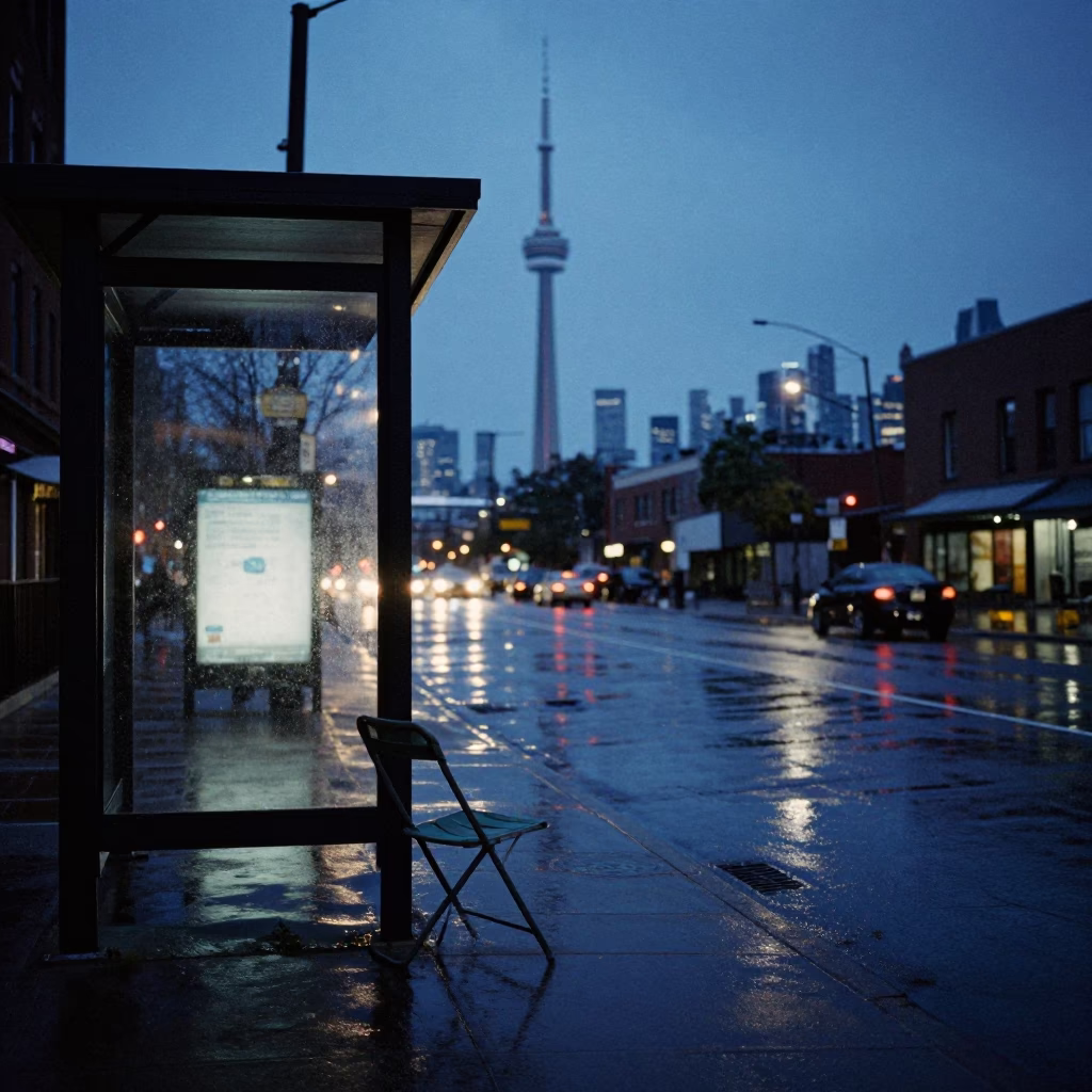 Twilight Street Scene in Toronto Ontario With Folding Chair and Rain Streaked Window in in Toronto, Ontario, Canada