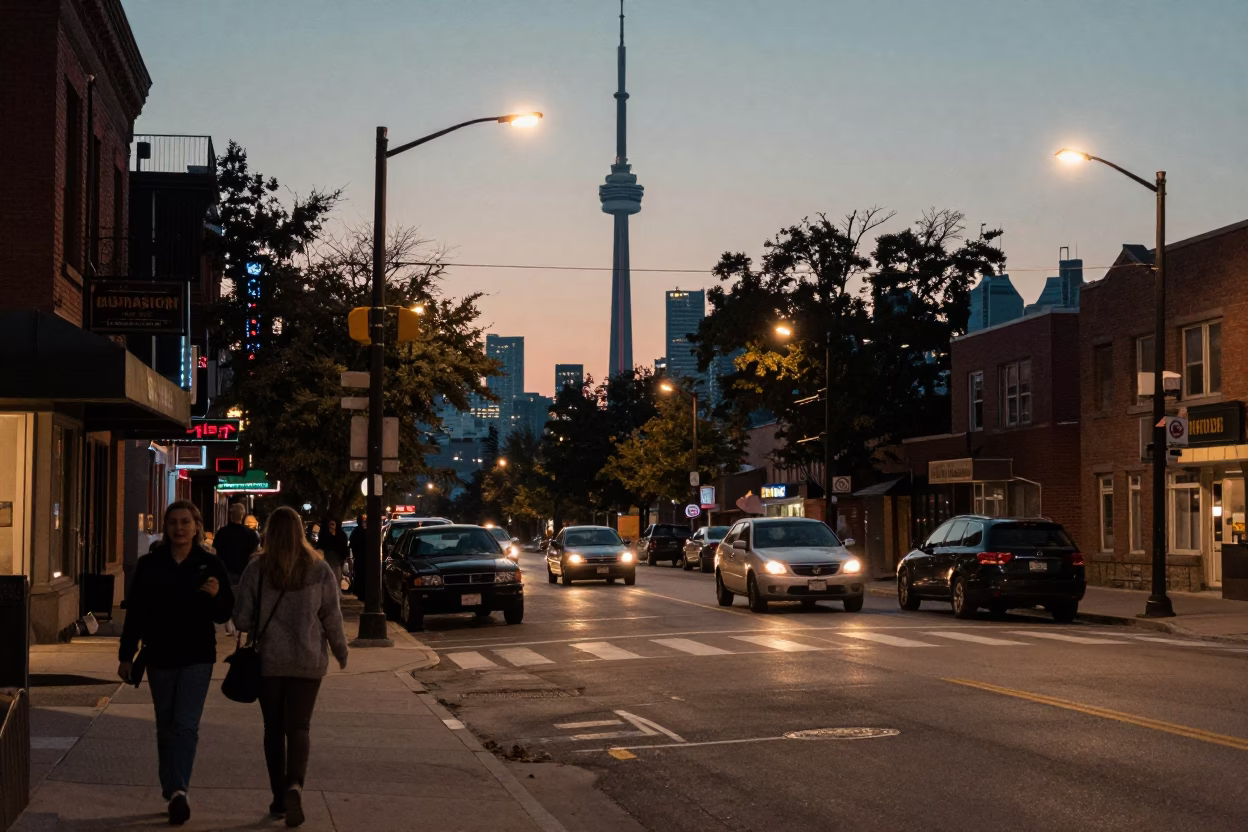 Twilight Street Scene in Toronto Ontario with Vintage 1970s Atmosphere in in Toronto, Ontario, Canada