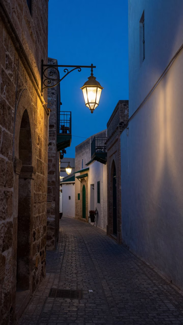 Twilight Street Scene in Tunis Medina with Brass Lanterns and Terracotta Pots in in Tunis, Tunisia