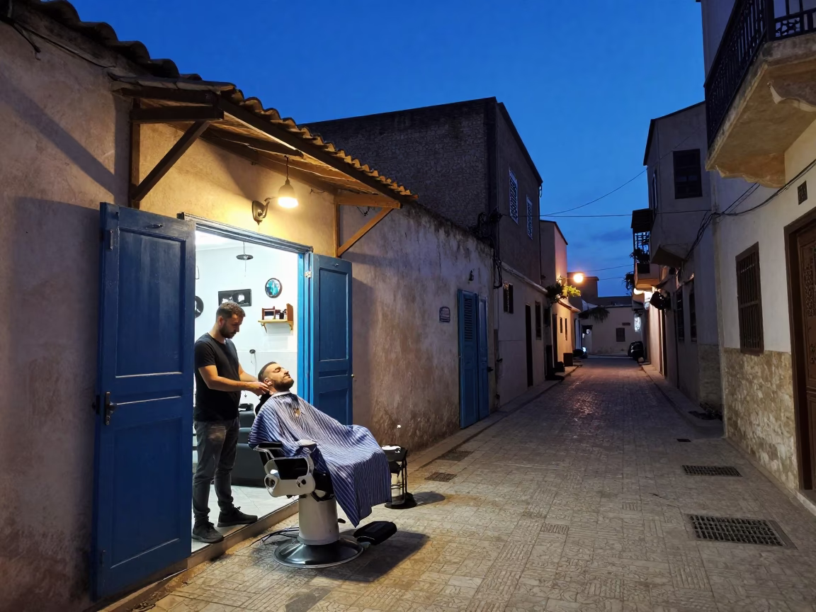 Twilight Street Scene in Tunis Tunisia with Barber Shop and Traditional Attire in in Tunis, Tunisia