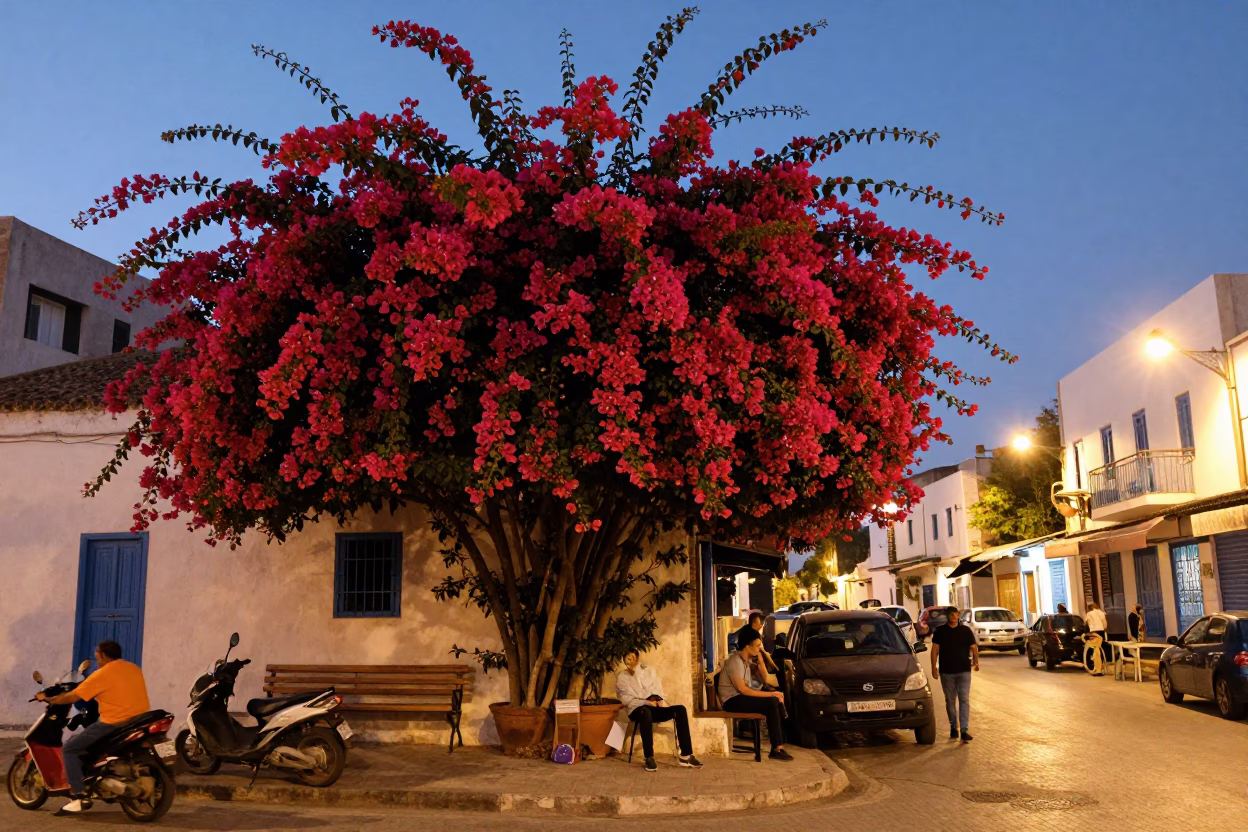 Twilight Street Scene in Tunis Tunisia with Bougainvillea and Daily Life in in Tunis, Tunisia