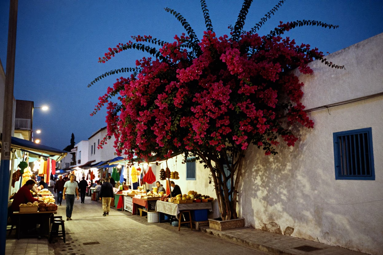 Twilight Street Scene in Tunis Tunisia with Bougainvillea and Local Market Activity in in Tunis, Tunisia