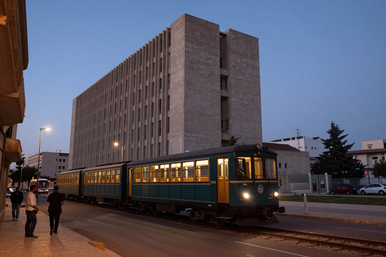 Twilight Street Scene in Tunis Tunisia with Brutalist University Building and Narrow Gauge Train in in Tunis, Tunisia