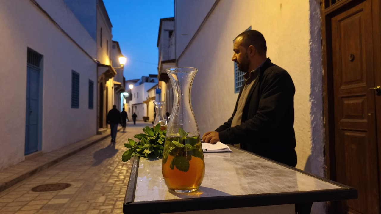 Twilight Street Scene in Tunis Tunisia with Carafe and Local Details in in Tunis, Tunisia