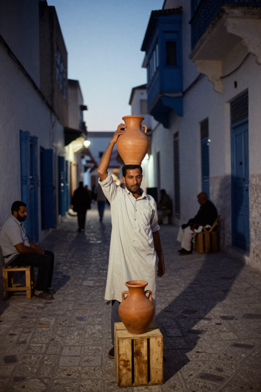 Twilight Street Scene in Tunis Tunisia with Clay Pot and Linen Fringe in in Tunis, Tunisia