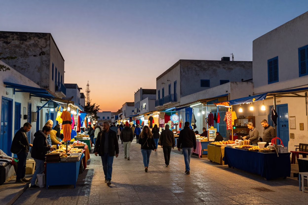 Twilight Street Scene in Tunis Tunisia with Colorful Vendors and Pedestrians in in Tunis, Tunisia