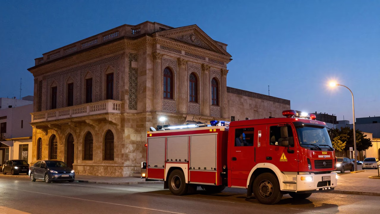 Twilight Street Scene in Tunis Tunisia with Fire Engine and Art Deco Architecture in in Tunis, Tunisia