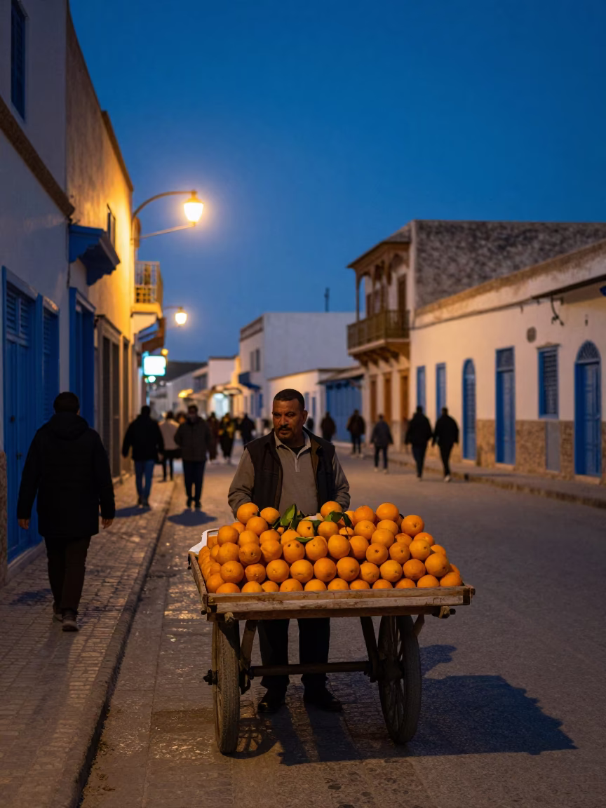Twilight Street Scene in Tunis Tunisia with Fruit Vendor and Traditional Architecture in in Tunis, Tunisia