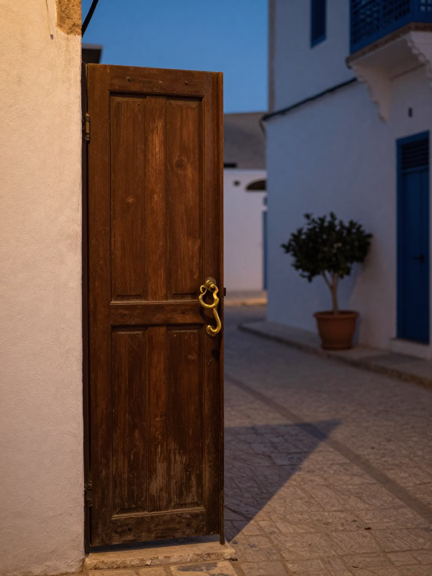 Twilight Street Scene in Tunis Tunisia with Gate Handle and Potted Herbs in in Tunis, Tunisia