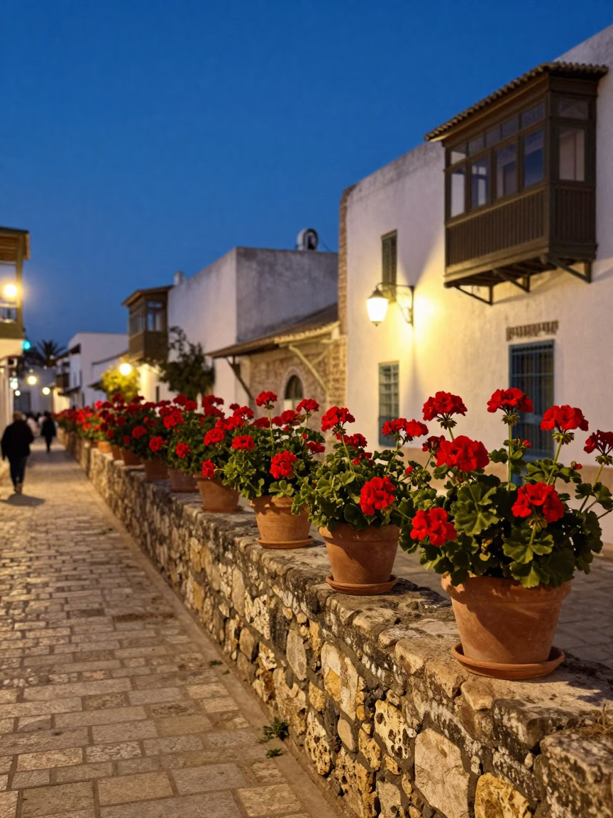 Twilight Street Scene in Tunis Tunisia with Geraniums and Traditional Architecture in in Tunis, Tunisia