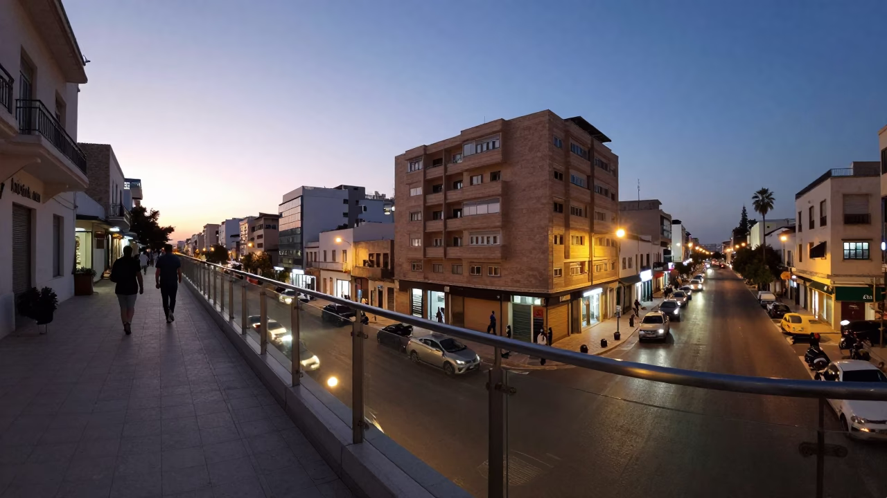 Twilight Street Scene in Tunis Tunisia with Glass Railing and Urban Lights in in Tunis, Tunisia