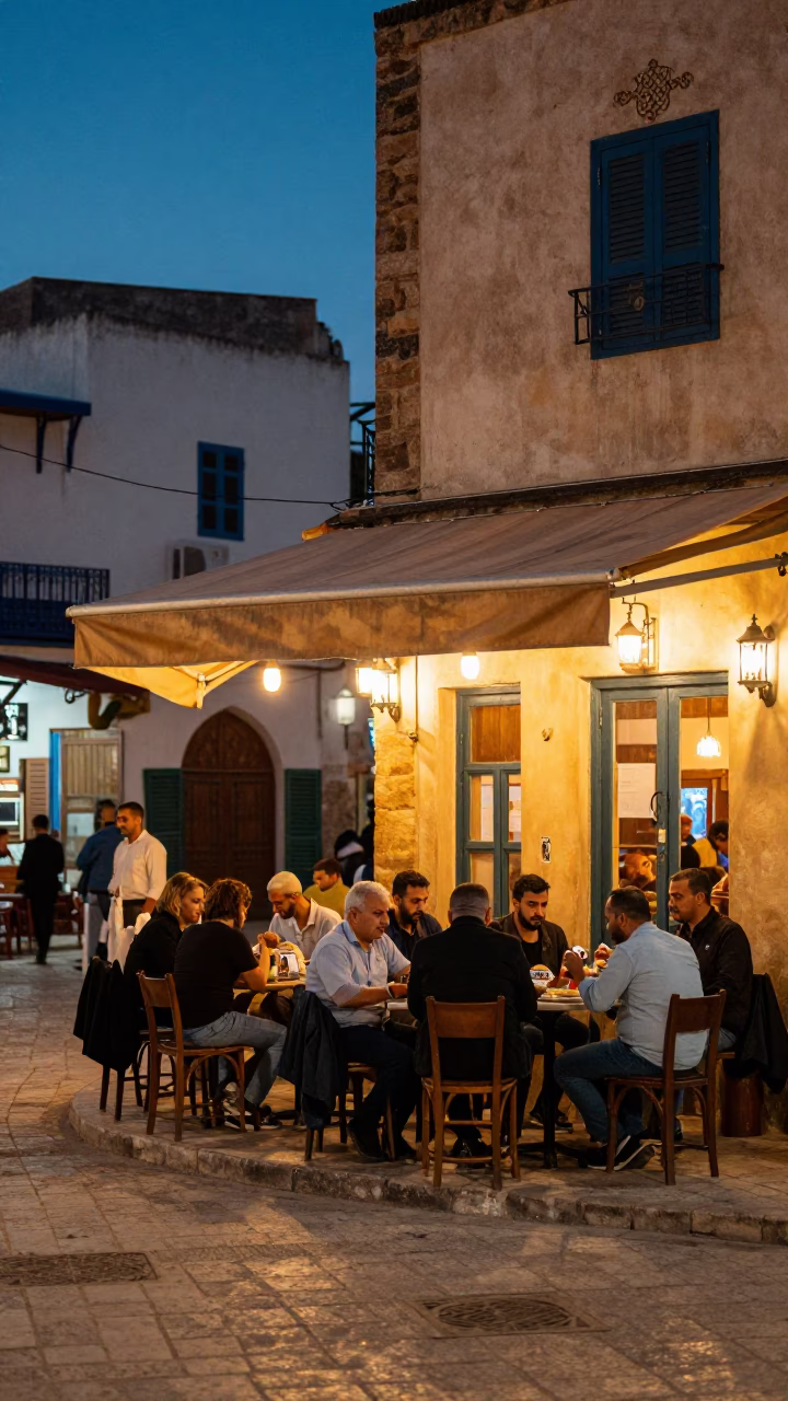 Twilight street scene in Tunis Tunisia with locals dining and vintage architecture in in Tunis, Tunisia