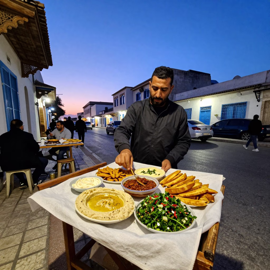 Twilight Street Scene in Tunis Tunisia with Mezze Platter and Local Interaction in in Tunis, Tunisia
