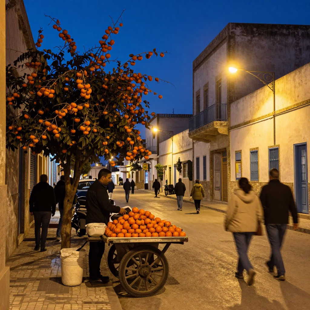 Twilight Street Scene in Tunis Tunisia with Persimmons and Concrete Architecture in in Tunis, Tunisia