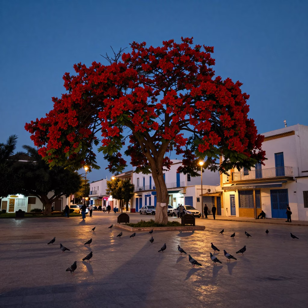 Twilight Street Scene in Tunis Tunisia with Pigeons and Flame Tree Blooms in in Tunis, Tunisia