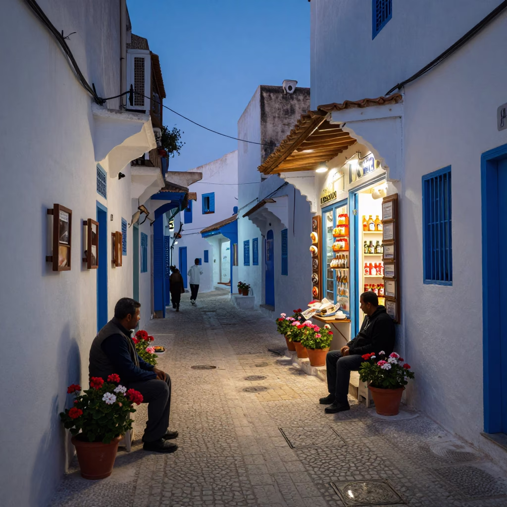 Twilight Street Scene in Tunis Tunisia with Potted Geraniums and Local Life in in Tunis, Tunisia