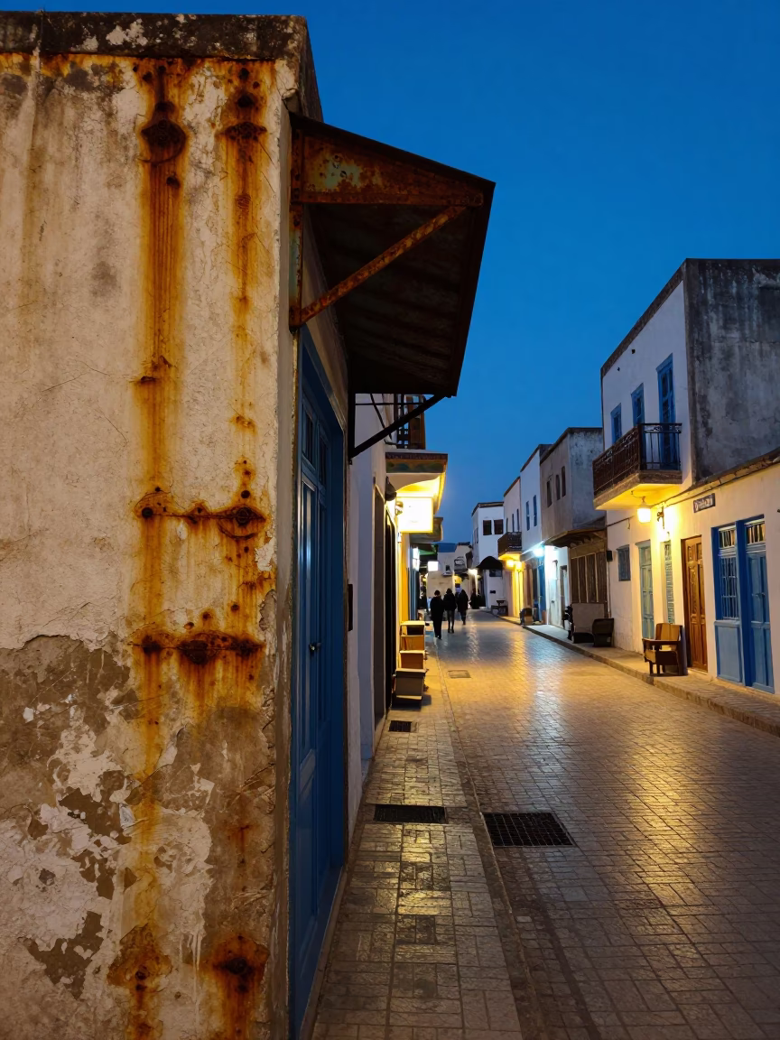 Twilight Street Scene in Tunis Tunisia with Rusting Metal and Local Life in in Tunis, Tunisia