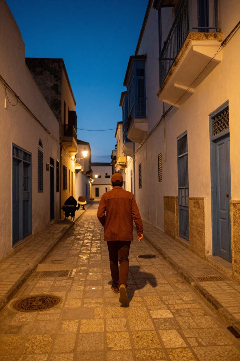 Twilight Street Scene in Tunis Tunisia with Rusty Runner and Step Ladder in in Tunis, Tunisia