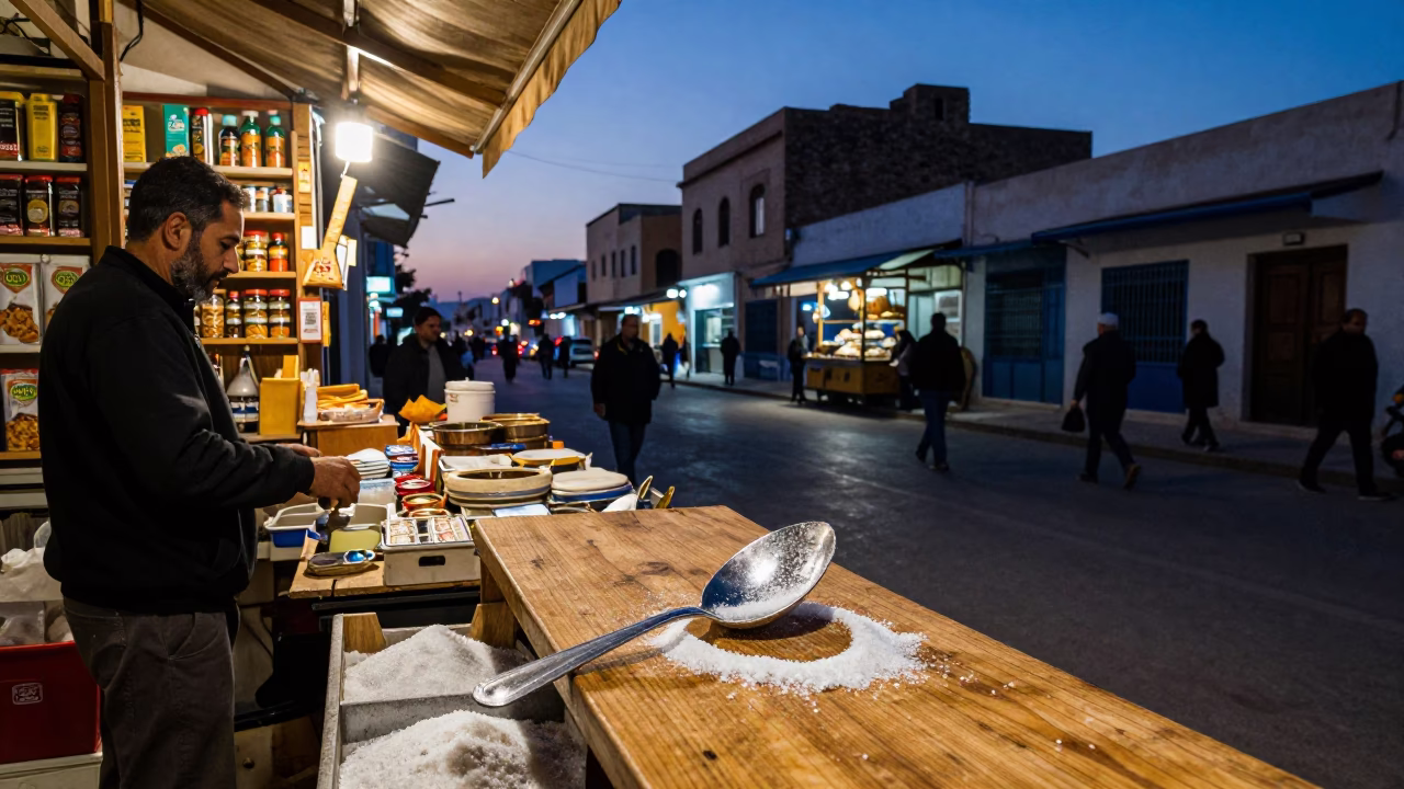Twilight Street Scene in Tunis Tunisia with Salt Spoon and Deck of Cards in in Tunis, Tunisia