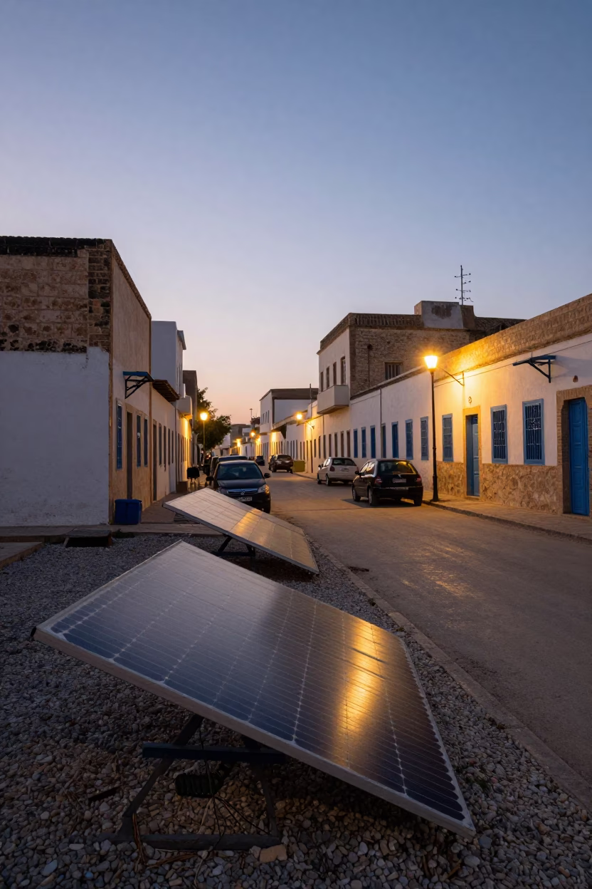 Twilight Street Scene in Tunis Tunisia with Solar Array and Heritage Details in in Tunis, Tunisia