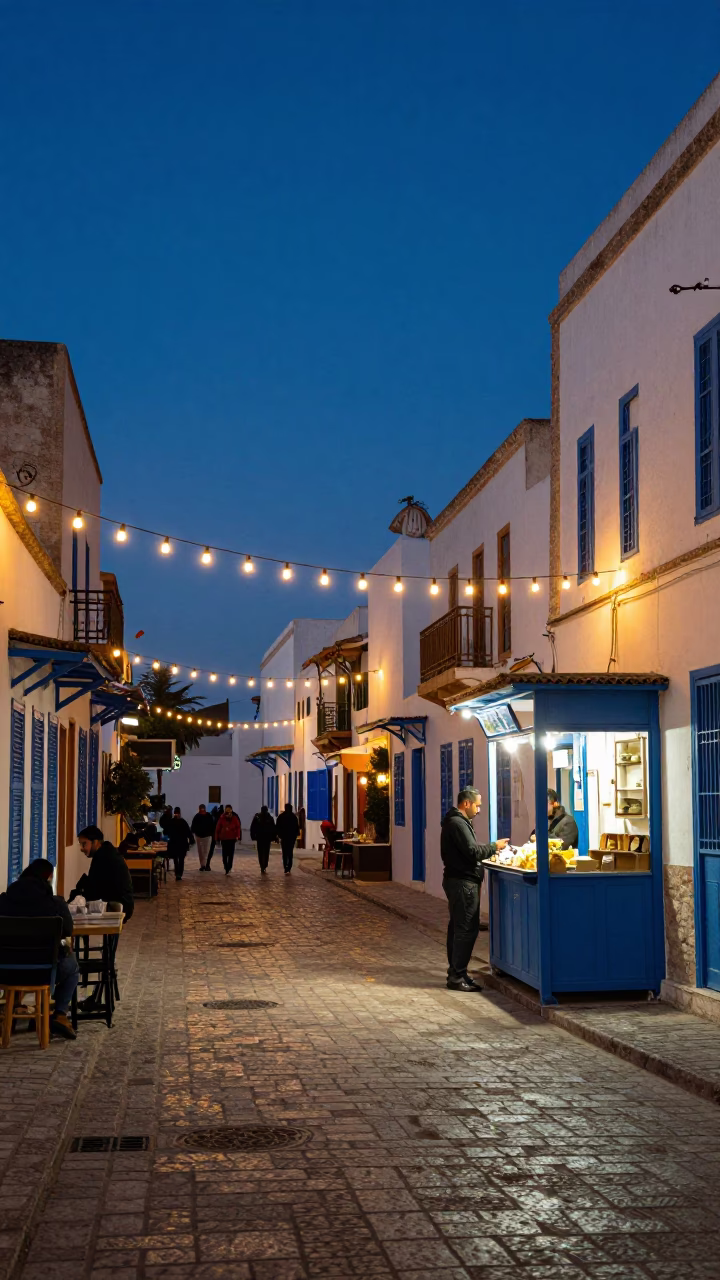 Twilight Street Scene in Tunis Tunisia with String Lights and Local Life in in Tunis, Tunisia