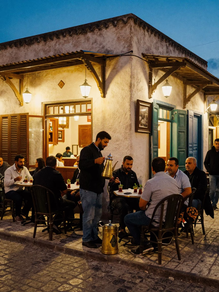 Twilight Street Scene in Tunis Tunisia with Traditional Coffee Pot and Glass Window Reflection in in Tunis, Tunisia