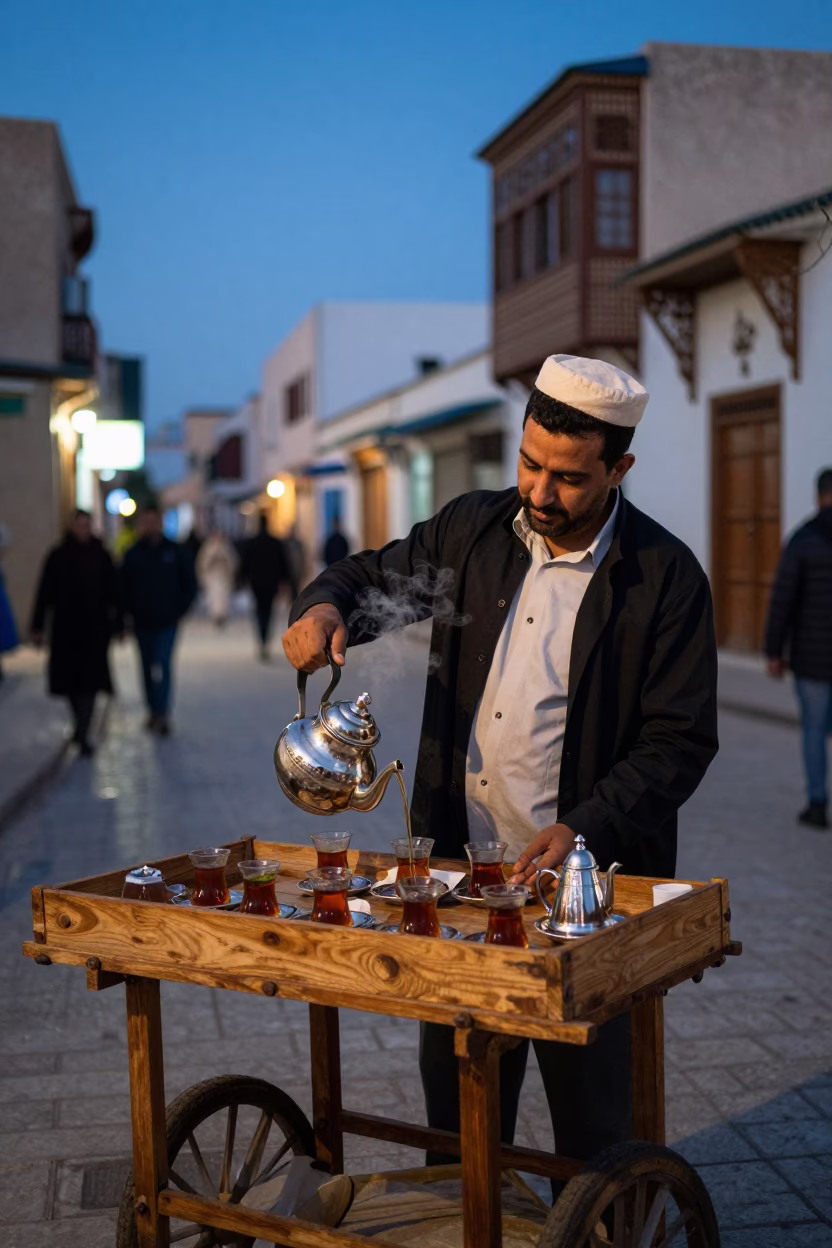 Twilight Street Scene in Tunis Tunisia with Traditional Tea Service and Urban Architecture in in Tunis, Tunisia