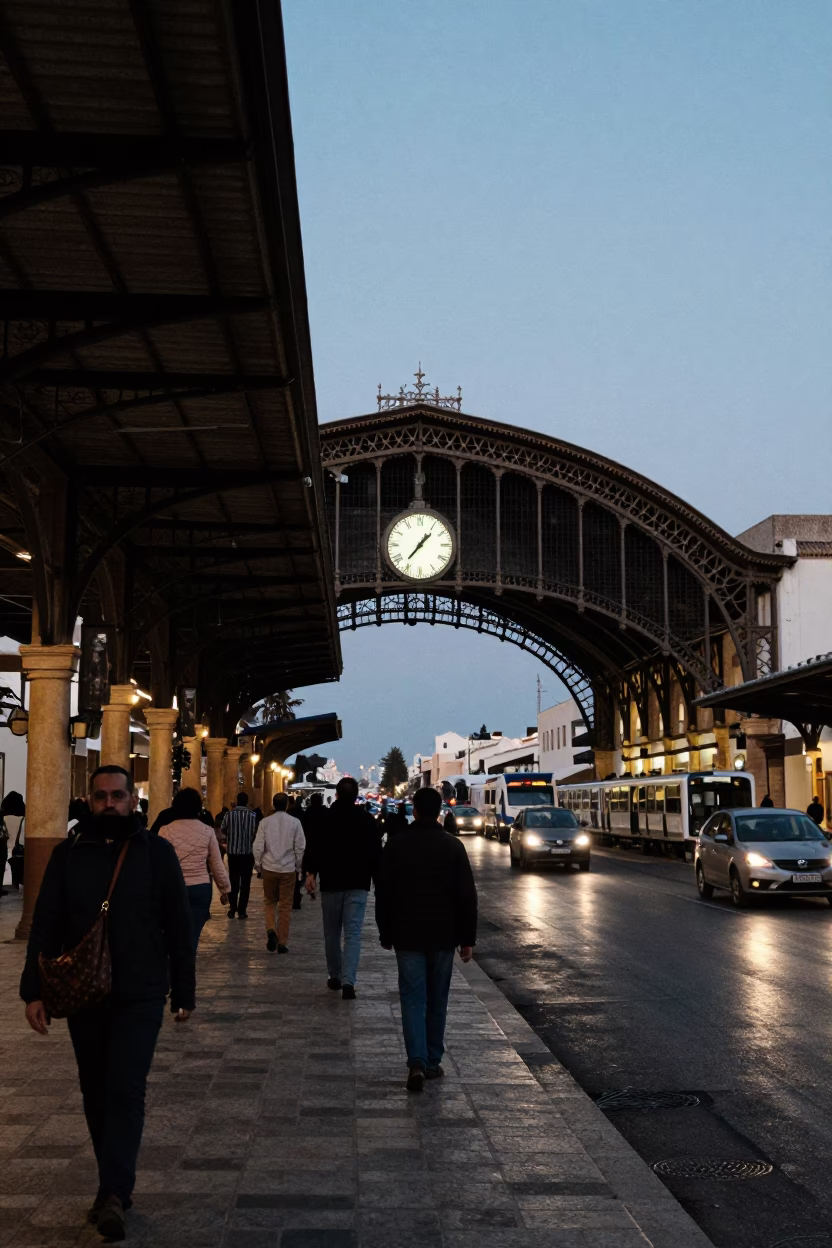 Twilight Street Scene in Tunis Tunisia with Train Station Clock and Urban Details in in Tunis, Tunisia