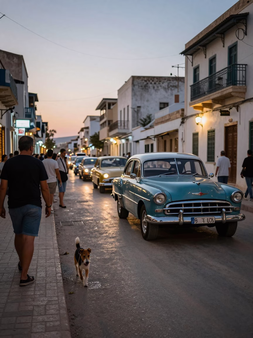 Twilight Street Scene in Tunis Tunisia with Vintage Car Rally and Local Life in in Tunis, Tunisia