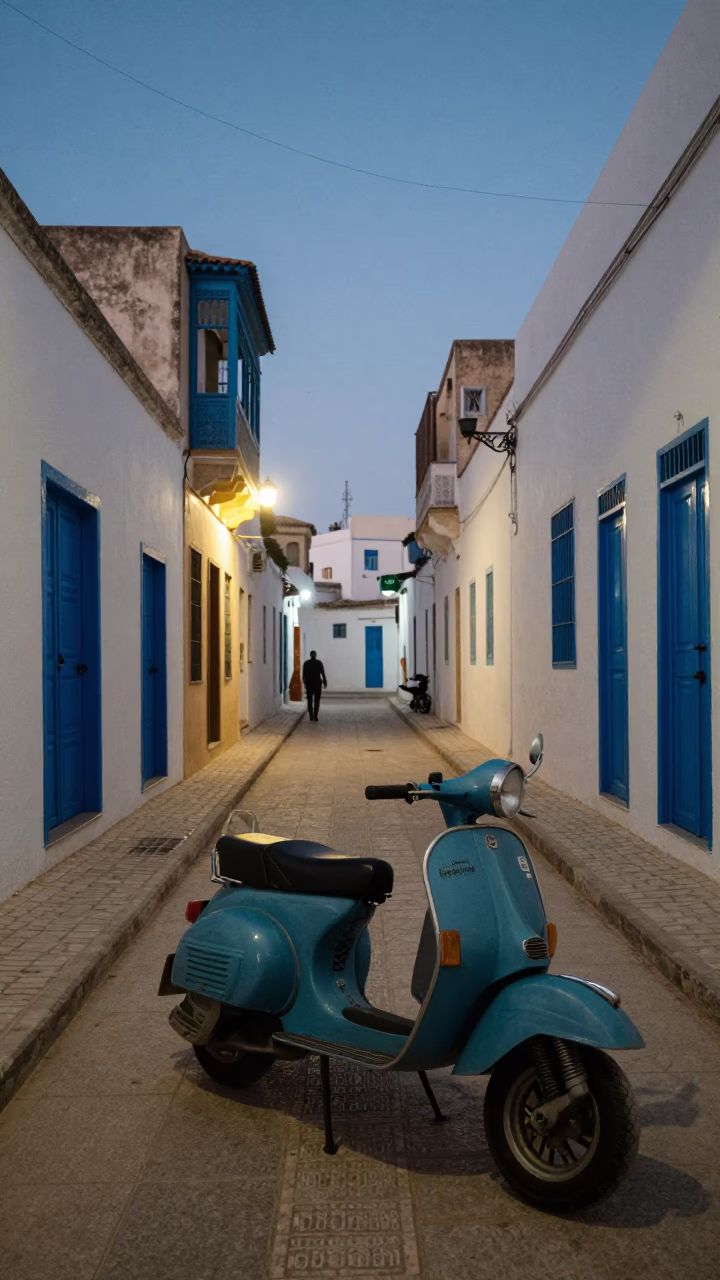 Twilight Street Scene in Tunis Tunisia with Vintage Scooter and Local Shopkeeper in in Tunis, Tunisia