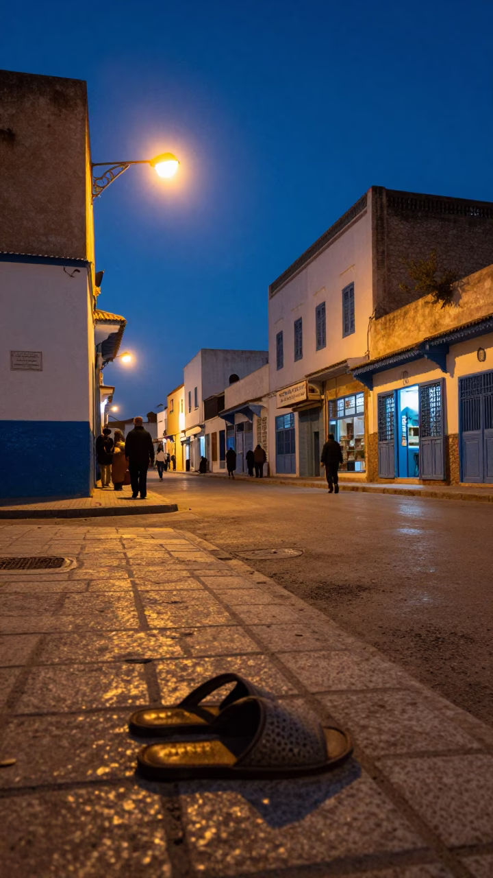 Twilight Street Scene in Tunis Tunisia with Vintage Slippers and Traditional Tea Stains in in Tunis, Tunisia