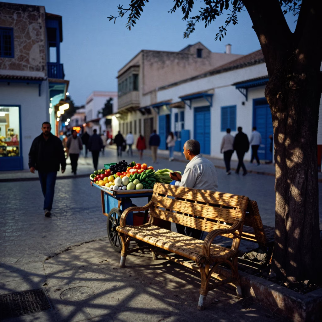 Twilight Street Scene in Tunis Tunisia with Wicker Shadows and Local Life in in Tunis, Tunisia