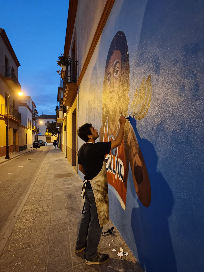 Twilight Street Scene in Valencia Spain with Artist Painting Mural and Local Life in in Valencia, Spain