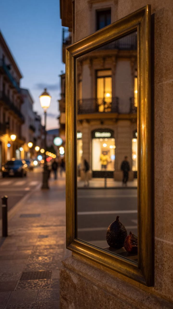 Twilight street scene in Valencia Spain with brass mirror and fig tree in in Valencia, Spain