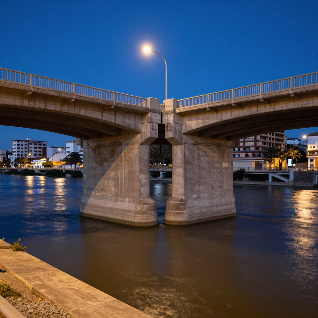 Twilight Street Scene in Valencia Spain with Bridge Piers and Urban River Activity in in Valencia, Spain