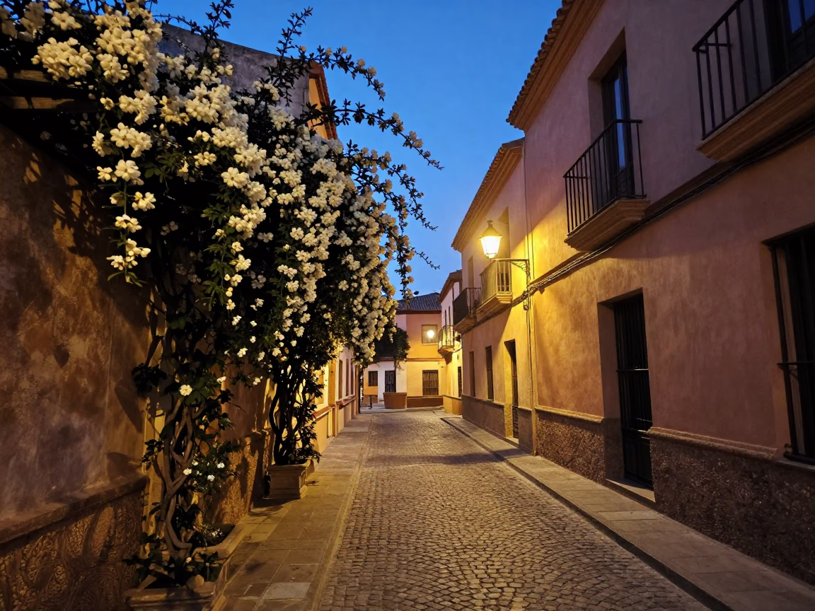 Twilight Street Scene in Valencia Spain with Climbing Jasmine and Vintage Cargo Bicycle in in Valencia, Spain
