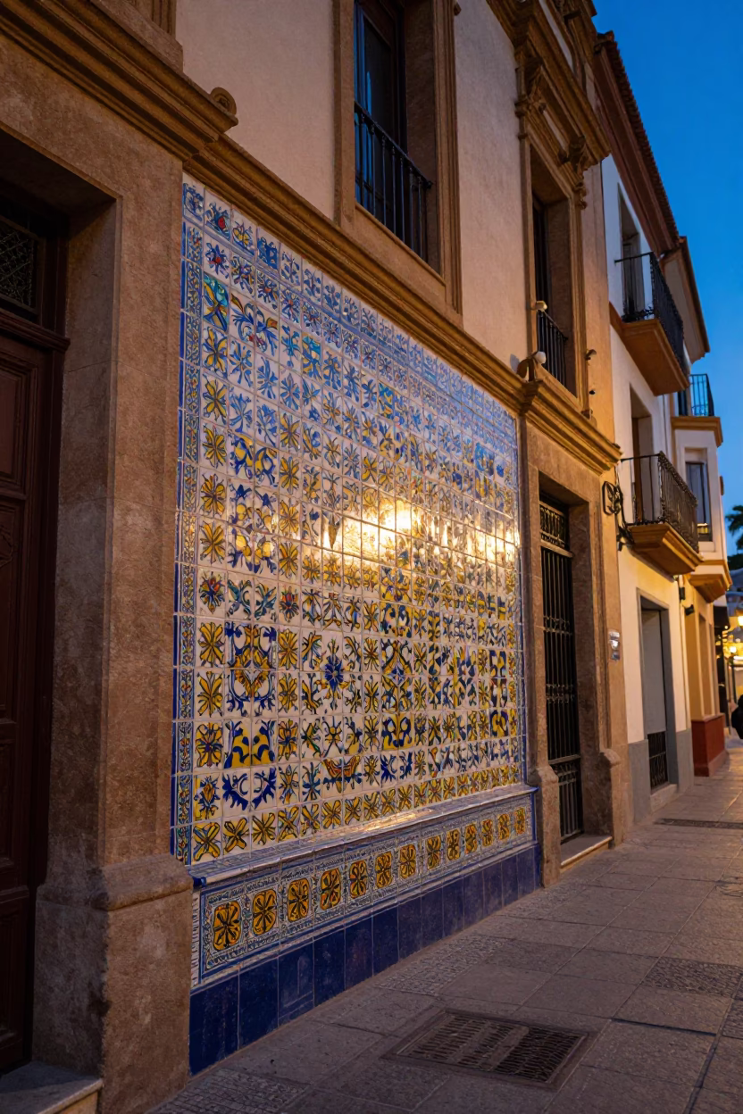 Twilight street scene in Valencia Spain with colorful ceramic tiles and local architecture in in Valencia, Spain