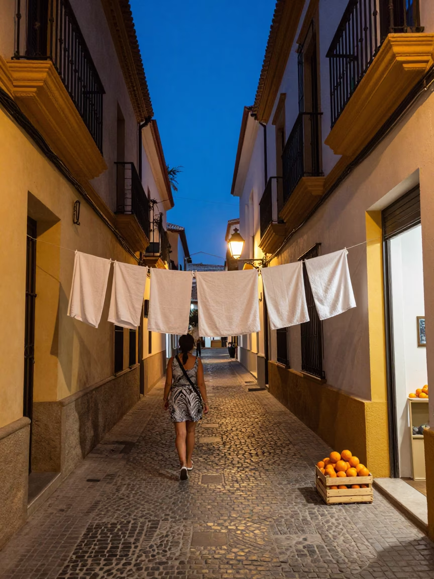 Twilight Street Scene in Valencia Spain with Drying Towels and Fruit Crate in in Valencia, Spain